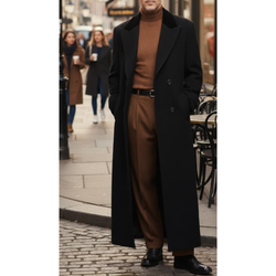 Men's Double-Breasted Black Polyester Classic Long Trench Coat