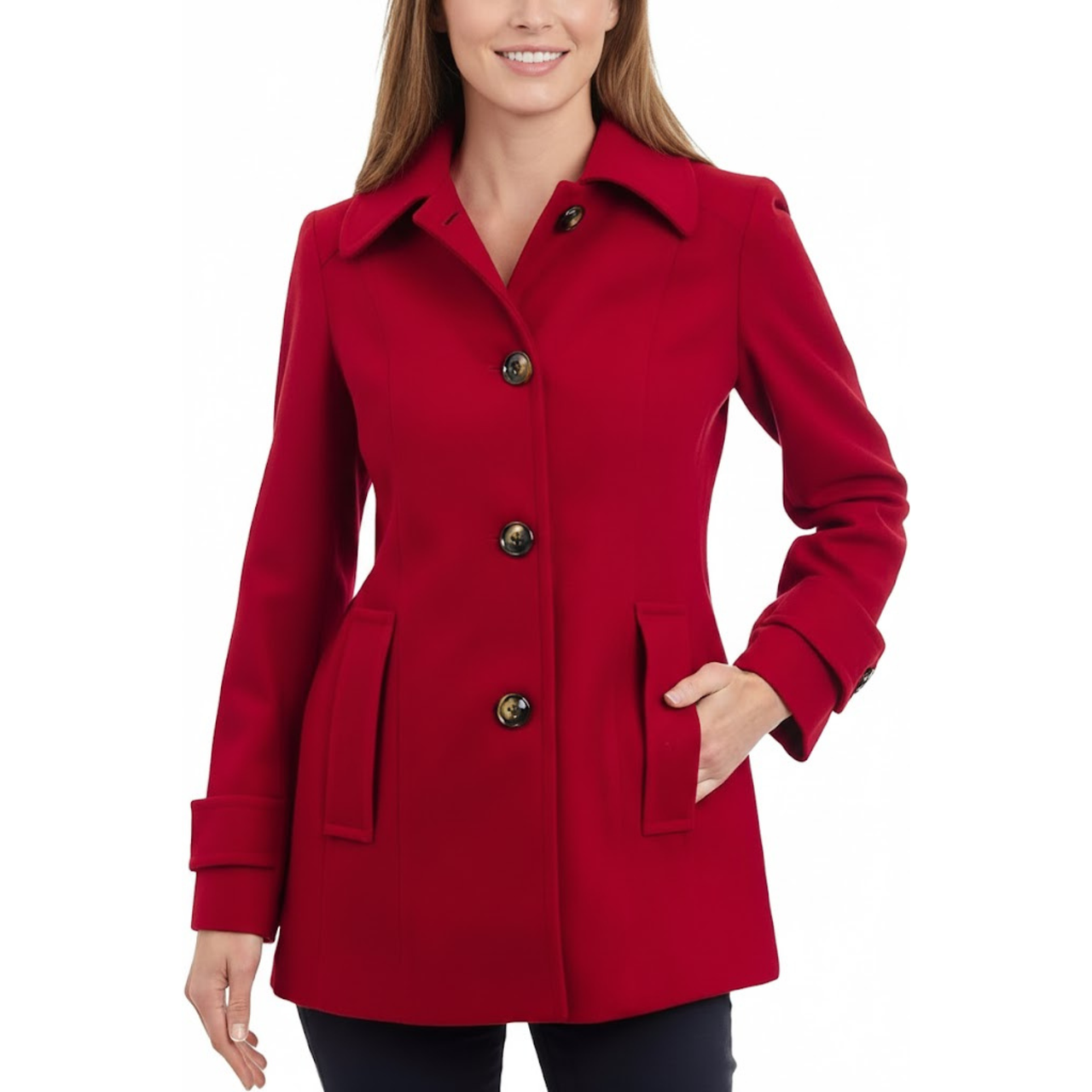 Women's Red Wool Single-Breasted Classic Shirt Style Coat