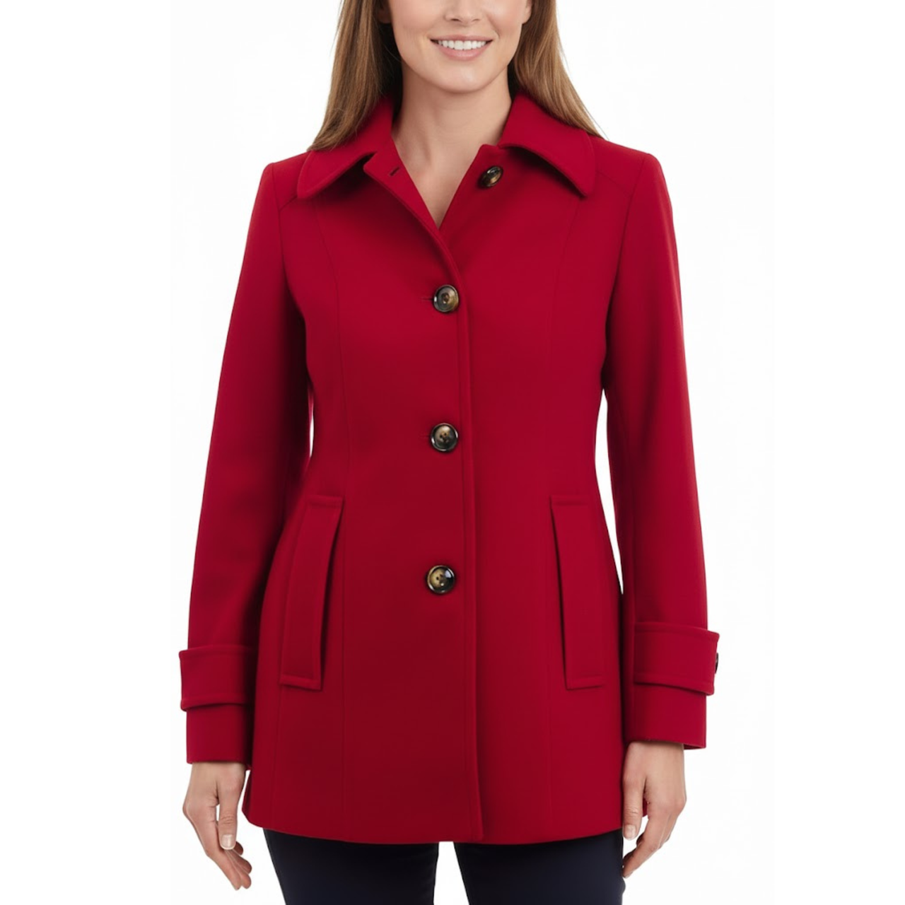 Women's Red Wool Single-Breasted Classic Shirt Style Coat
