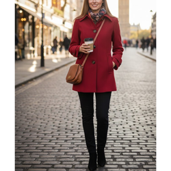Women's Red Wool Single-Breasted Classic Shirt Style Coat