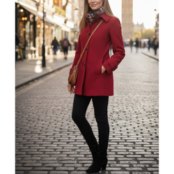 Women's Red Wool Single-Breasted Classic Shirt Style Coat
