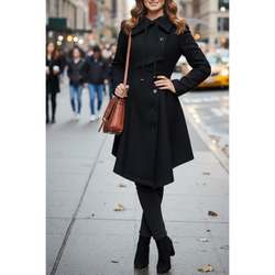 Women's Black Wool Single Breasted Modern Style Winter Trench Coat