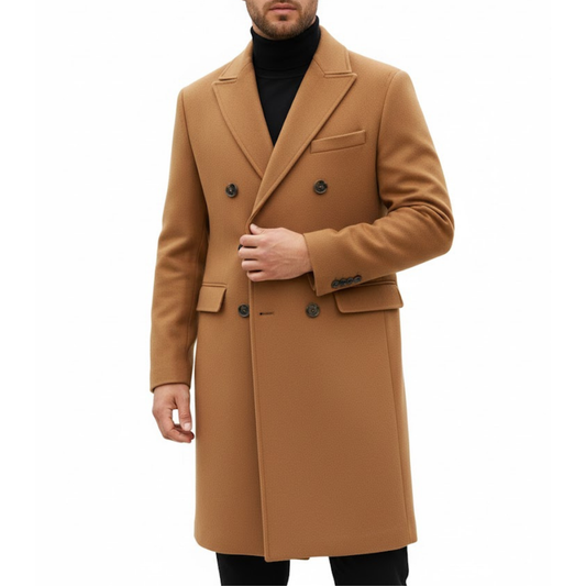 Men's Camel Brown Wool Double Breasted Classic Long Trench Coat