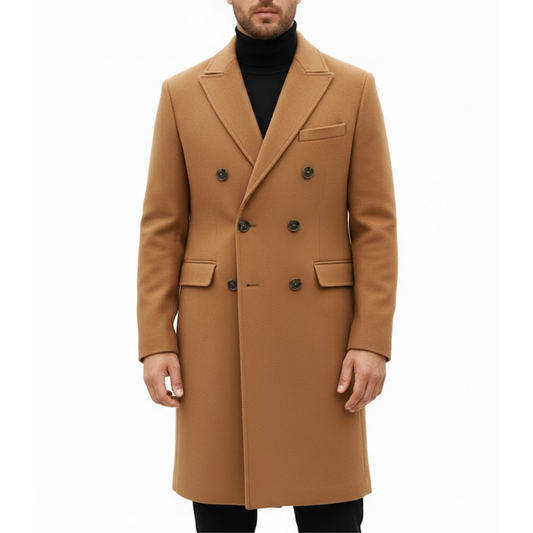 Men's Camel Brown Wool Double Breasted Classic Long Trench Coat