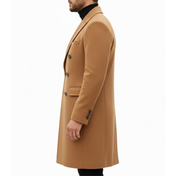 Men's Camel Brown Wool Double Breasted Classic Long Trench Coat