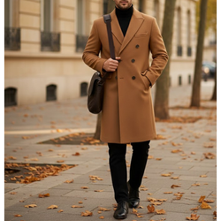 Men's Camel Brown Wool Double Breasted Classic Long Trench Coat