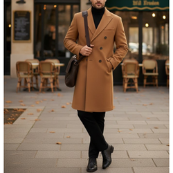 Men's Camel Brown Wool Double Breasted Classic Long Trench Coat