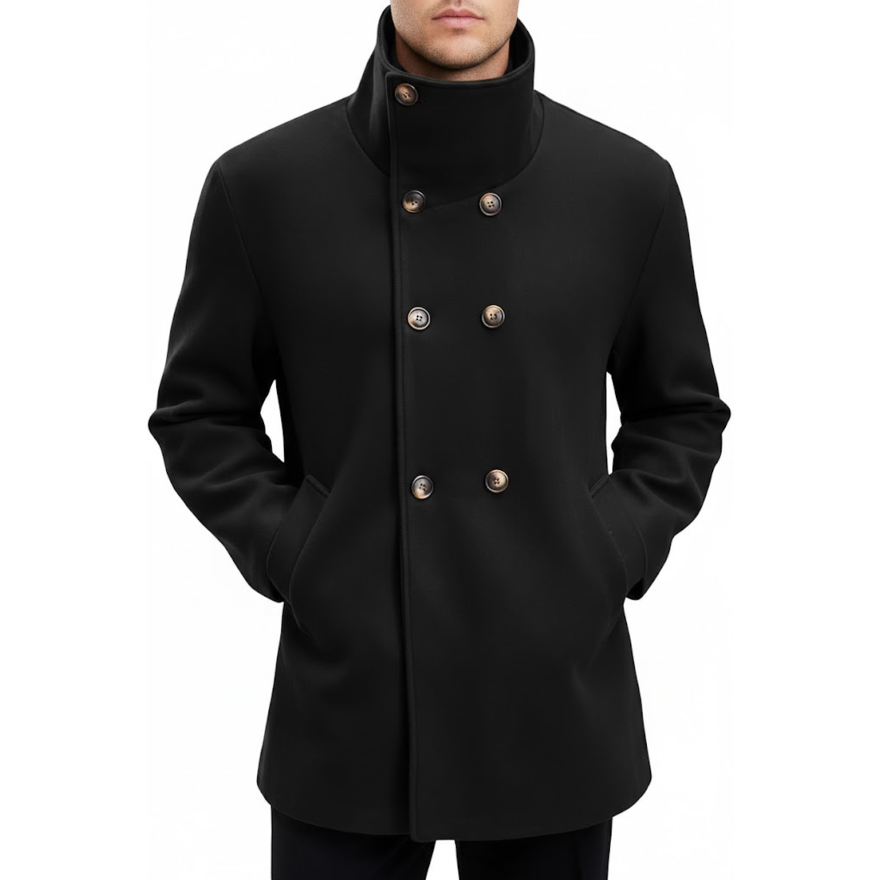 Men's Black Wool Double Breasted Pea Coat Style Winter Overcoat