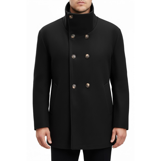 Men's Black Wool Double Breasted Pea Coat Style Winter Overcoat