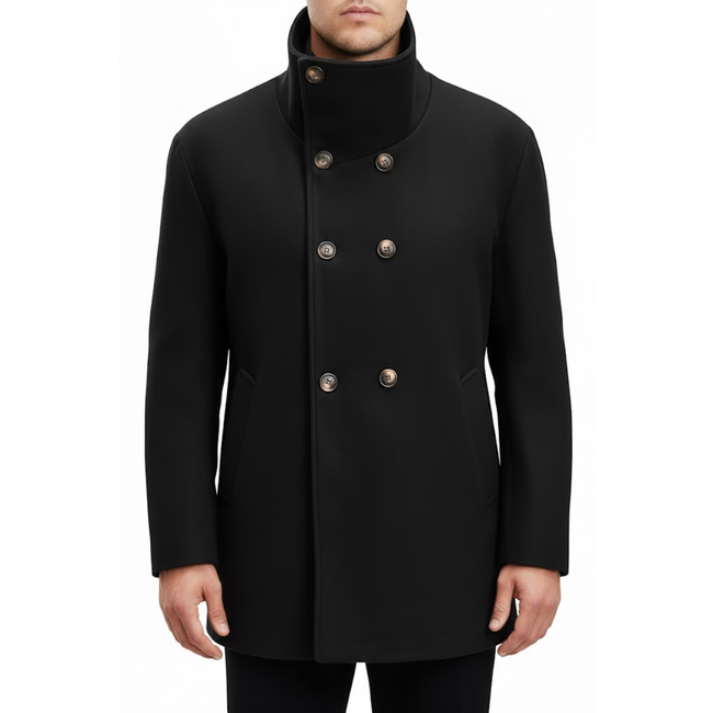 Men's Black Wool Double Breasted Pea Coat Style Winter Overcoat