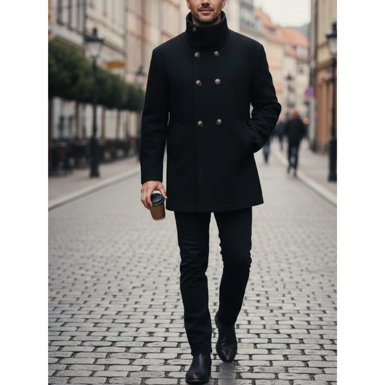 Men's Black Wool Double Breasted Pea Coat Style Winter Overcoat