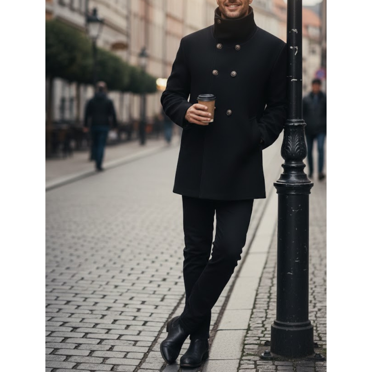 Men's Black Wool Double Breasted Pea Coat Style Winter Overcoat