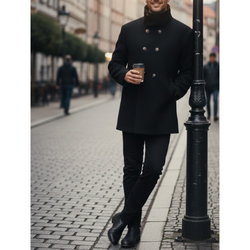 Men's Black Wool Double Breasted Pea Coat Style Winter Overcoat
