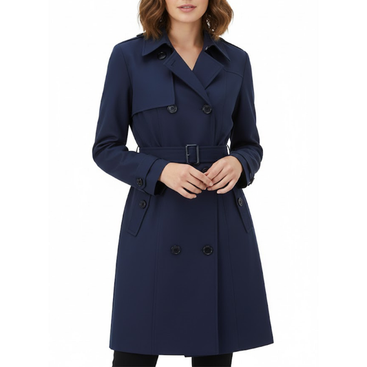 Women's Classic Blue Double Breasted Polyester Fabric Overcoat