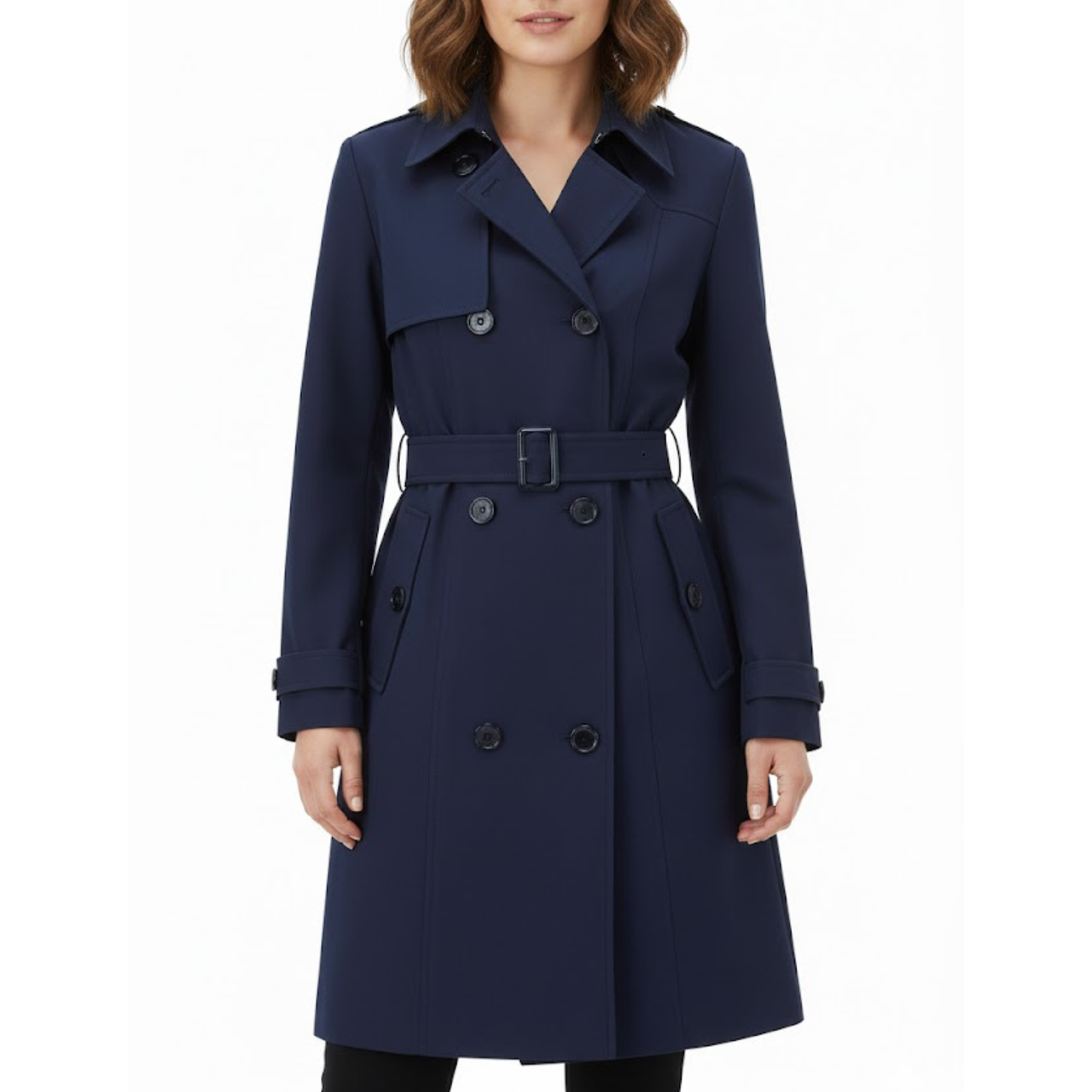 Women's Classic Blue Double Breasted Polyester Fabric Overcoat