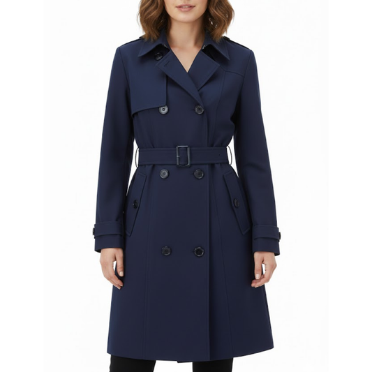 Women's Classic Blue Double Breasted Polyester Fabric Overcoat