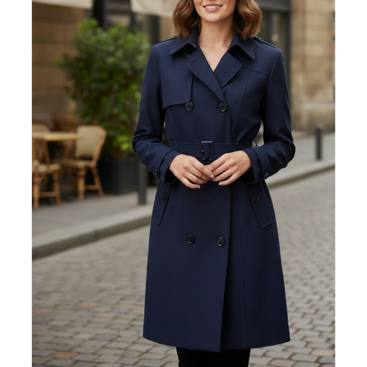 Women's Classic Blue Double Breasted Polyester Fabric Overcoat