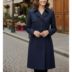 Women's Classic Blue Double Breasted Polyester Fabric Overcoat