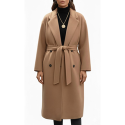 Women's Camel Wool Double Breasted Notch Lapel Style Long Trench Coat