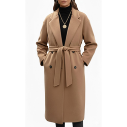 Women's Camel Wool Double Breasted Notch Lapel Style Long Trench Coat