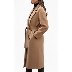 Women's Camel Wool Double Breasted Notch Lapel Style Long Trench Coat
