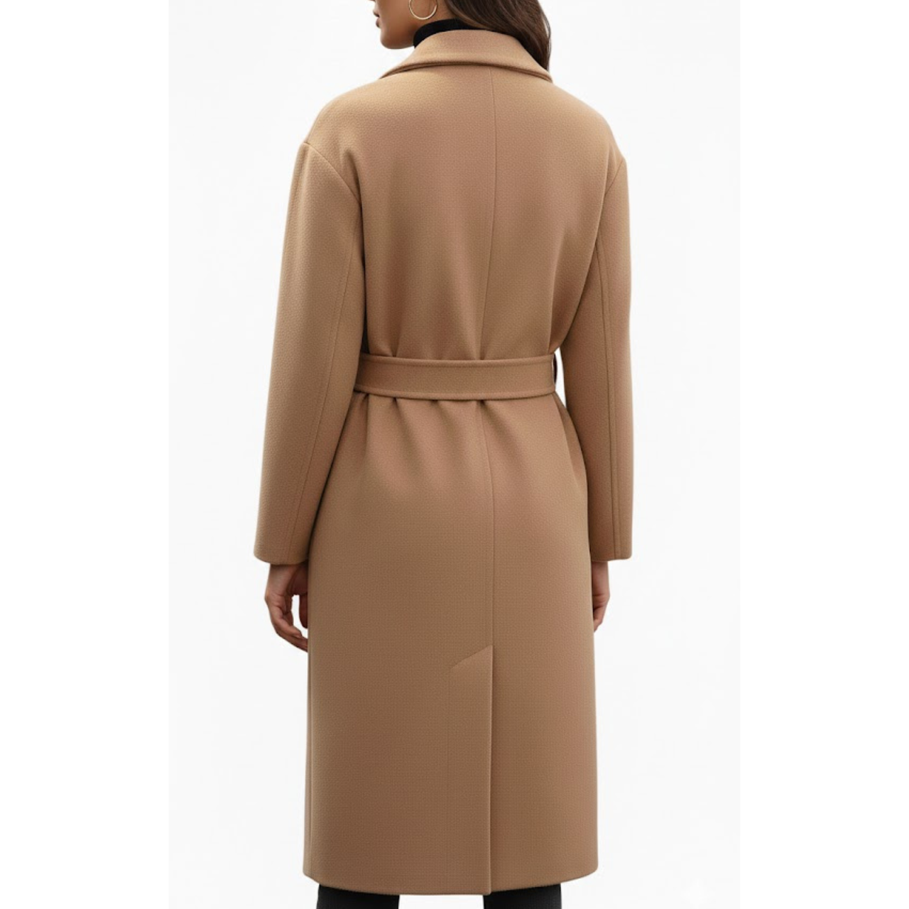 Women's Camel Wool Double Breasted Notch Lapel Style Long Trench Coat