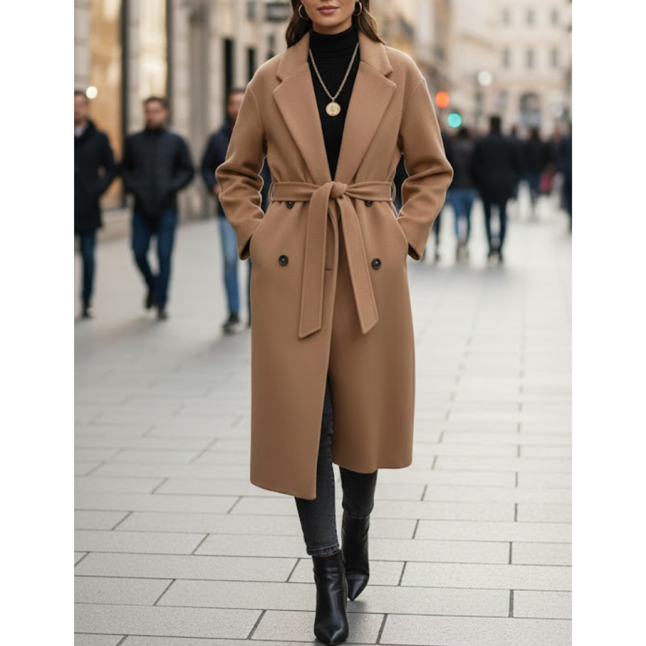 Women's Camel Wool Double Breasted Notch Lapel Style Long Trench Coat