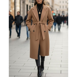 Women's Camel Wool Double Breasted Notch Lapel Style Long Trench Coat