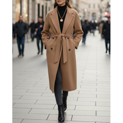 Women's Camel Wool Double Breasted Notch Lapel Style Long Trench Coat