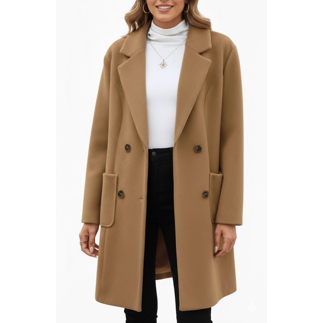 Women's Camel Brown Wool Double Breasted Notch Lapel Style Winter Overcoat