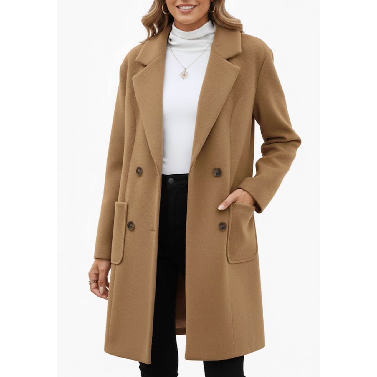 Women's Camel Brown Wool Double Breasted Notch Lapel Style Winter Overcoat