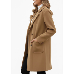 Women's Camel Brown Wool Double Breasted Notch Lapel Style Winter Overcoat