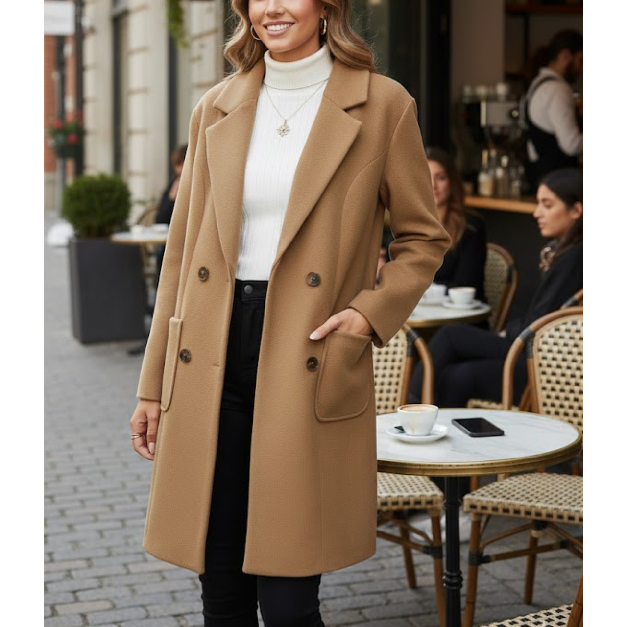 Women's Camel Brown Wool Double Breasted Notch Lapel Style Winter Overcoat