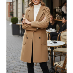 Women's Camel Brown Wool Double Breasted Notch Lapel Style Winter Overcoat