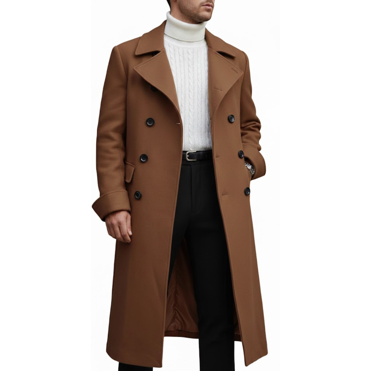Men's Brown Double Breasted Long Wool Notch Lapel Style Trench Coat