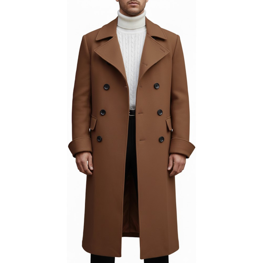 Men's Brown Double Breasted Long Wool Notch Lapel Style Trench Coat