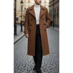 Men's Brown Double Breasted Long Wool Notch Lapel Style Trench Coat