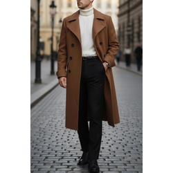 Men's Brown Double Breasted Long Wool Notch Lapel Style Trench Coat