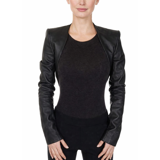 Women's Black Leather Bolero Shrug Crop Moto Jacket