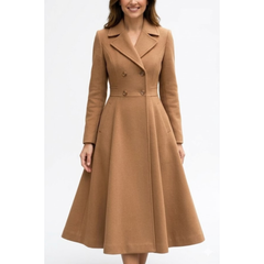 Womens Camel Brown Double Breasted Wool Classic Long Coat