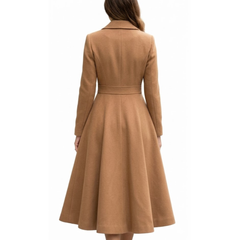 Womens Camel Brown Double Breasted Wool Classic Long Coat