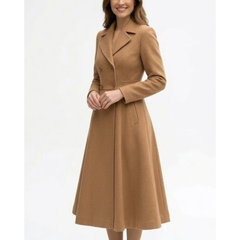 Womens Camel Brown Double Breasted Wool Classic Long Coat