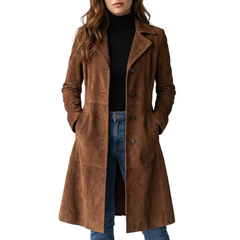 Womens Brown Suede Leather Single Breasted Overcoat