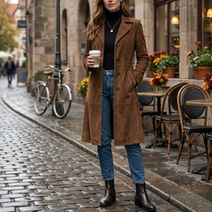 Womens Brown Suede Leather Single Breasted Overcoat