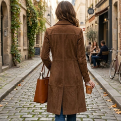 Womens Brown Suede Leather Single Breasted Overcoat