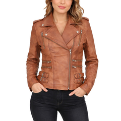 Women’s Vintage Brown Leather Biker Motorcycle Jacket – Classic Motorcycle Riding Style
