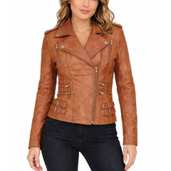 Women’s Vintage Brown Leather Biker Motorcycle Jacket – Classic Motorcycle Riding Style