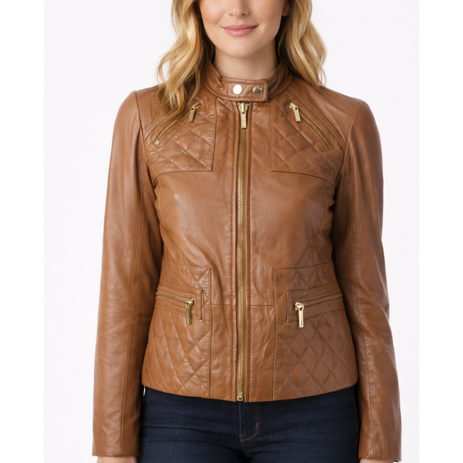 Women's Brown Leather Quilted Biker Motorcycle Racer Jacket