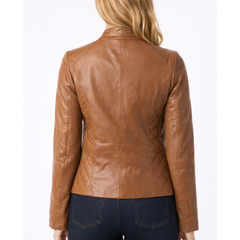 Women's Brown Leather Quilted Biker Motorcycle Racer Jacket