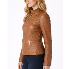 Women's Brown Leather Quilted Biker Motorcycle Racer Jacket